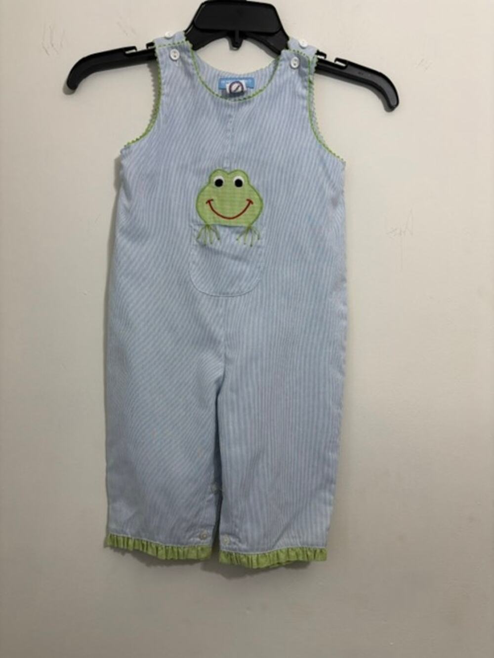Mondays Child Romper Jumper Sleeveless Frog Applique 3T Pinstripe Ruffle